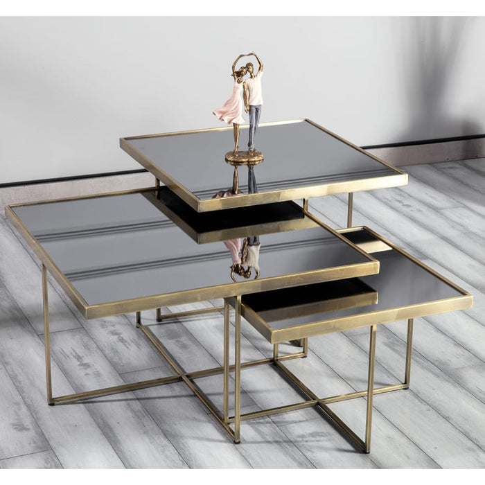 PUZZLE SMOKED MIRROR COFFEE TABLE SET W BRASS LEGS
