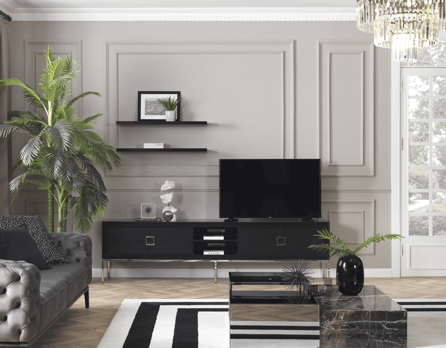 STELLA TV CONSOLE WITH SHELVES IN BLACK AND WHITE COLOR