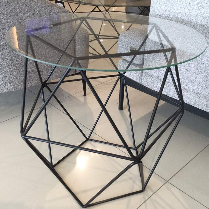 STONE GLASS SIDE TABLE WITH BLACK LEGS