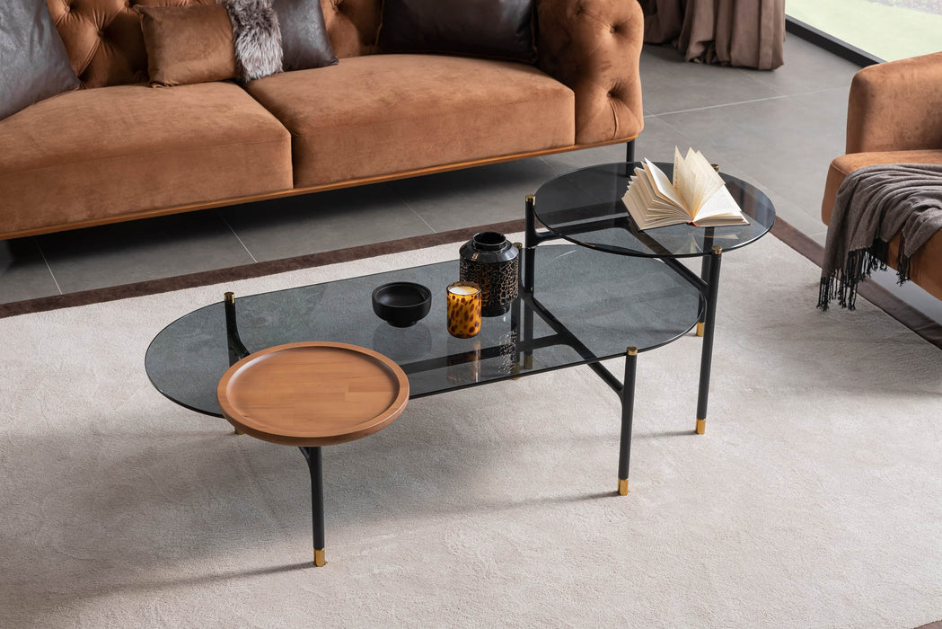 Layla black top glass and chestnut coffee table