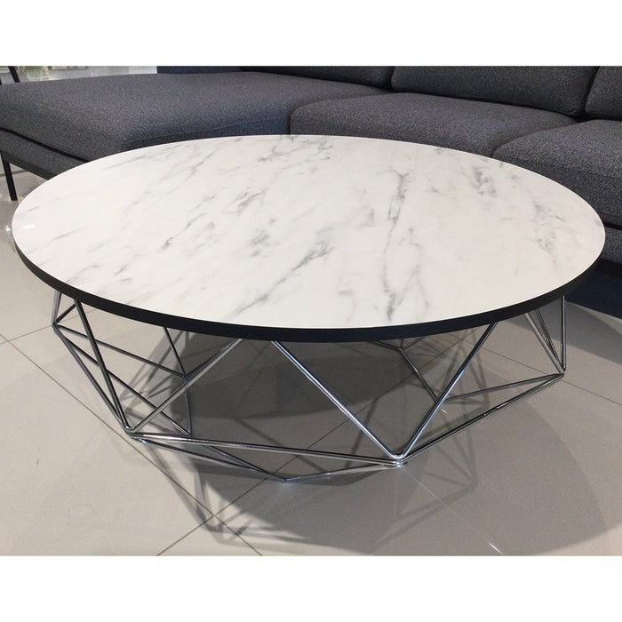 STONE LAMINATED WHITE COFFEE TABLE  IN SILVER LEGS