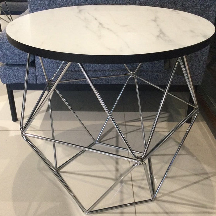 STONE LAMINATED WHITE SIDE TABLE W SILVER LEGS